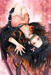  1girl arm_up bamboo bit_gag black_hair blurry blurry_background blurry_foreground brown_hair commentary_request flower forehead gag gradient_hair hair_ribbon hirai_yuzuki japanese_clothes kamado_nezuko kimetsu_no_yaiba kimono knees_up long_hair looking_at_viewer lying mouth_hold multicolored_hair obi on_back open_clothes petals pink_eyes pink_flower pink_kimono pink_ribbon ribbon sash signature solo very_long_hair wide_sleeves 