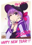  1girl 2020 alternate_costume animal_ears asymmetrical_hair bangs baseball_cap bb_(fate)_(all) bb_(fate/extra_ccc) black_headwear black_shirt blush breasts chan_co choker cleavage coffee_cup cup disposable_cup earrings fate/extra fate/extra_ccc fate/grand_order fate_(series) hair_ribbon happy_new_year hat heart jacket jewelry large_breasts letterman_jacket long_hair looking_at_viewer mouse_ears new_year one_eye_closed open_mouth pink_ribbon ponytail puckered_lips purple_eyes purple_hair purple_jacket ribbon shirt solo translation_request very_long_hair w 