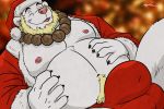  2018 5_fingers anthro balls_outline beard belly black_claws blonde_hair christmas claws clothing coat eyes_closed facial_hair fingers fur hair hat headgear headwear holidays huge_bulge jewelry kone_(madcow100) laugh madcow100 male mammal musclegut muscular muscular_male necklace nipples open_coat overweight overweight_male pink_nipples pink_nose polar_bear pubes santa_coat santa_hat solo topwear underwear ursid ursine wfa white_body white_fur 