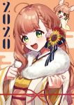  1girl 2020 :d ahoge bangs black_bow blush bow braid brown_background brown_hair chibi commentary_request egasumi eyebrows_visible_through_hair flower fur_collar green_eyes hair_bow hair_flower hair_ornament honma_himawari japanese_clothes kimono long_hair long_sleeves nijisanji open_clothes open_mouth pink_flower pink_rose red_flower red_rose rose sleeves_past_wrists smile solo_focus striped striped_bow sunflower_hair_ornament upper_body upper_teeth v-shaped_eyebrows very_long_hair virtual_youtuber wide_sleeves yamabukiiro yellow_flower yellow_kimono 