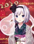  1girl 2020 :3 :d animal_ears bangs black_hairband black_ribbon blue_eyes checkered checkered_background chinese_zodiac closed_mouth commentary_request eyebrows_visible_through_hair floral_print green_kimono hair_ribbon hairband japanese_clothes kimono konpaku_youmu konpaku_youmu_(ghost) looking_at_viewer mouse_ears obi open_clothes open_mouth print_kimono purin_jiisan red_background ribbon sash short_hair silver_hair smile solo touhou upper_body whiskers year_of_the_rat 