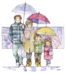  2boys 2girls :o ^_^ bag black_legwear blue_coat blue_pants blush braid brother_and_sister brown_hair carrying_over_shoulder child closed_eyes closed_mouth coat commentary_request crayon_(medium) facing_viewer family graphite_(medium) green_coat hand_in_pocket happy holding holding_umbrella husband_and_wife ina_(gonsora) lineup long_sleeves looking_at_another multiple_boys multiple_girls original pants pantyhose pink_scarf plastic_bag rain red_coat scarf shared_umbrella shoe_soles shoes short_hair siblings smile sneakers toggles traditional_media twin_braids twintails umbrella walking white_background yellow_coat yellow_footwear 