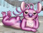 2019 4:3 4_toes alien angel_(lilo_and_stitch) antennae_(anatomy) arm_support back_markings beach bedroom_eyes black_eyes chest_markings claws disney experiment_(lilo_and_stitch) eyelashes gamemaniac hammock hi_res lilo_and_stitch looking_at_viewer lying markings multicolored_antennae narrowed_eyes on_front pawpads purple_claws purple_markings purple_nose purple_pawpads seaside seductive small_tail smile solo toes two_tone_antennae watermark white_markings 