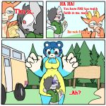  2019 animal_crossing antelope anthro beau_(animal_crossing) blue_body blue_fur blue_hair bluebear_(animal_crossing) bottomless bovid clothed clothing comic condom dialogue english_text felid feline female fur hair horn larger_female male mammal neko3240 nintendo open_mouth size_difference smaller_male smile text ursid video_games 