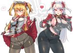  2girls admiral_hipper_(azur_lane) ahoge antenna_hair armpit_cutout azur_lane bangs black_legwear black_panties blonde_hair blush breasts brown_eyes closed_mouth commentary_request dress dress_lift eyebrows_visible_through_hair gloves green_eyes hair_between_eyes headgear heart iron_cross large_breasts lifted_by_self long_hair long_sleeves looking_at_viewer mole mole_on_breast multicolored_hair multiple_girls navel open_mouth panties panties_under_pantyhose pantyhose panzer prinz_eugen_(azur_lane) red_hair sideboob silver_hair small_breasts smile speech_bubble spoken_blush spoken_heart standing streaked_hair striped striped_panties sweat swept_bangs thighband_pantyhose two_side_up underwear very_long_hair white_panties wide_hips 