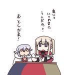  &gt;_&lt; 2girls azur_lane blonde_hair chibi gloves graf_zeppelin_(azur_lane) graf_zeppelin_(kantai_collection) grey_hair kantai_collection kotatsu multiple_girls namesake open_mouth purple_eyes sweatdrop table translation_request twintails white_gloves yuuki_shishin 