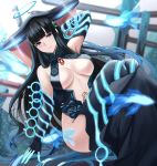  1girl arm_behind_head bangs bare_shoulders black_dress black_gloves black_hair black_headwear black_legwear blue_eyes blue_fire blush breasts center_opening crossed_legs dress elbow_gloves fate/grand_order fate_(series) fire fish flute gloves instrument large_breasts long_hair looking_at_viewer nikek96 short_dress sitting smile solo thighhighs thighs very_long_hair yang_guifei_(fate/grand_order) 