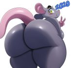  2020 5_fingers anthro big_butt blush breasts butt butt_focus eyelashes female fingers fur gesture grey_body grey_fur hi_res huge_butt looking_at_viewer mammal murid murine rat rodent simple_background smile solo sssonic2 v_sign white_background yellow_eyes 