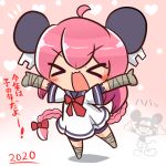  &gt;_&lt; 1girl 2020 :3 ahoge asimo953 bandaged_arm bandaged_leg bandages bangs bar_censor bike_shorts blush_stickers bodysuit bow bowtie braid censored chibi chinese_zodiac commentary_request disney dress eyebrows_visible_through_hair full_body gradient gradient_background hair_bow headgear heart heart_background identity_censor kantai_collection long_hair mickey_mouse nenohi_(kantai_collection) open_mouth outstretched_arms pink_background pink_hair polka_dot polka_dot_background red_bow sailor_collar sailor_dress short_sleeves sidelocks single_braid translation_request x3 year_of_the_rat 