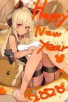  1girl 2020 :&lt; absurdres ass bangs bare_legs bare_shoulders barefoot black_panties blonde_hair collarbone commentary_request eyebrows_visible_through_hair hair_ornament happy_new_year highres holding long_hair looking_at_viewer nanakaku new_year original panties red_eyes solo stuffed_animal stuffed_toy underwear 