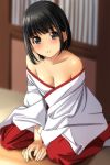  1girl absurdres bangs black_hair blurry blurry_background blush breasts brown_eyes cleavage collarbone depth_of_field eyebrows_visible_through_hair hakama_pants highres japanese_clothes kimono long_sleeves looking_at_viewer matsunaga_kouyou miko no_shoes nose_blush off_shoulder original pants parted_lips red_pants sitting small_breasts smile socks solo wariza white_kimono white_legwear wide_sleeves 