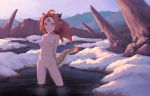  1girl ahoge arms_behind_back ass_visible_through_thighs bigrbear breasts closed_mouth collarbone day dragon_girl dragon_horns dragon_tail facial_mark fiery_tail fire forehead_mark highres horns long_hair looking_at_viewer mountainous_horizon navel nipples nude original outdoors pond pussy red_eyes red_hair rock small_breasts smile snow solo standing stomach sunlight tail uncensored water 