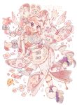  1girl 2020 :&lt; :d animal animal_on_head ankle_bow ankle_strap blush bow braid cheese chinese_zodiac clenched_hand commentary_request floral_print flower food fork full_body hair_bow happy_new_year highres japanese_clothes kimono knees_together_feet_apart looking_at_viewer maid_headdress mouse mouse_girl mouse_on_head multicolored_hair nengajou new_year on_head open_mouth original outstretched_arm pastel_colors pink_hair platform_footwear purple_eyes sash simple_background smile solo two-tone_hair wakanagi_eku white_background white_hair wide_sleeves year_of_the_rat 
