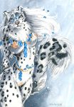  2019 anthro black_body black_fur blue_eyes breasts ear_piercing felid female fur grey_body grey_fur hair heather_bruton jewelry looking_at_viewer mammal necklace nipples pantherine piercing pussy snow snow_leopard solo white_body white_fur white_hair winter 