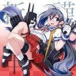  1girl 547th_sy adapted_turret ahoge background_text blue_hair blue_sailor_collar cannon checkered checkered_background commentary_request cosplay full_body gloves gradient gradient_background grey_eyes grey_hair grey_panties hair_between_eyes hair_bun hat highres hip_vent kantai_collection kiyoshimo_(kantai_collection) long_hair low_twintails machinery mikura_(kantai_collection) mikura_(kantai_collection)_(cosplay) panties pleated_skirt puffy_short_sleeves puffy_sleeves red_skirt sailor_collar sailor_hat sailor_shirt shirt short_sleeves skirt solo turret twintails undershirt underwear white_gloves white_legwear white_shirt 