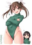  2girls black_hair blush breasts brown_eyes brown_hair chikuma_(kantai_collection) covered_navel ebifurya green_leotard hair_between_eyes hair_ribbon highres impossible_clothes kantai_collection large_breasts leotard long_hair multiple_girls open_mouth ribbed_leotard ribbon simple_background small_breasts smile tone_(kantai_collection) turtleneck_leotard twintails twitter_username white_background white_ribbon 