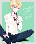  /\/\/\ 1girl barefoot bishoujo_senshi_sailor_moon blonde_hair blue_eyes casual character_name cup dated denim drink drinking drinking_straw green_background highres jeans looking_at_viewer pants shirt short_hair simple_background solo t-shirt taromako ten&#039;ou_haruka 