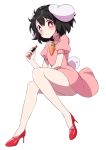  1girl :&gt; animal_ears arm_rest arm_up bare_legs black_hair blush bright_pupils bunny_ears bunny_tail carrot_necklace commentary_request dress eyebrows_visible_through_hair fingernails folded_leg full_body hair_between_eyes high_collar high_heels highres holding_lipstick_tube inaba_tewi lipstick_tube looking_at_viewer nail_polish pink_dress pink_eyes puffy_short_sleeves puffy_sleeves red_footwear red_nails short_hair short_sleeves simple_background smile solo tail touhou tsukimirin white_background white_pupils 