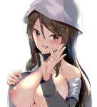  1girl after_fellatio amasora_taichi black_jacket blush breasts brown_eyes brown_hair collarbone cum cum_in_mouth cum_on_body cum_on_tongue cum_on_upper_body cum_string fellatio_gesture girls_und_panzer jacket large_breasts long_hair long_sleeves mika_(girls_und_panzer) naked_coat nipples no_bra open_clothes open_jacket open_mouth sidelocks simple_background smile solo striped_hat sweat tongue tongue_out white_background 