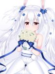  1girl animal_ears azur_lane bangs bare_shoulders blue_bow blue_flower blush bouquet bow bunny_ears closed_mouth commentary_request dress eyebrows_visible_through_hair flower gloves gradient gradient_background grey_background hair_between_eyes hair_flower hair_ornament hair_ribbon highres holding holding_bouquet laffey_(azur_lane) laffey_(white_rabbit&#039;s_oath)_(azur_lane) long_hair red_eyes ribbon rose see-through smile solo strapless strapless_dress twintails u2_(5798239) very_long_hair white_background white_dress white_flower white_gloves white_hair white_rose 