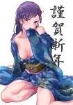  1girl bare_legs bare_shoulders blue_kimono breasts cleavage collarbone eyebrows_visible_through_hair floral_print flower hair_flower hair_ornament hand_on_own_face highres japanese_clothes kimono long_hair long_sleeves medium_breasts naked_kimono obi off_shoulder original print_kimono purple_eyes purple_hair red_flower sash simple_background sitting sleeves_past_fingers sleeves_past_wrists solo tassel translation_request urayama_(backmountain) white_background yokozuwari 