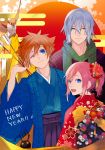  1girl 2boys absurdres bird blue_eyes brown_hair closed_mouth commentary_request green_eyes happy_new_year heartless highres japanese_clothes kairi_(kingdom_hearts) kimono kingdom_hearts kingdom_hearts_ii looking_at_viewer motu0505 multiple_boys new_year red_hair riku short_hair silver_hair smile sora_(kingdom_hearts) spiked_hair 
