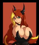  armwear big_breasts breasts clothed clothing crossed_arms demon digital_media_(artwork) female fire_eclipse green_eyes hair hi_res horn horned_humanoid huge_breasts humanoid long_hair signature simple_background solo suirano 