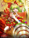  1girl :d artist_name bow braid breasts christmas company_name copyright_name drill elbow_gloves furyou_michi_~gang_road~ gloves gold_trim green_eyes green_hair hair_bow highres indoors long_hair low-tied_long_hair midriff neck_bell official_art open_mouth red_bow red_carpet red_skirt skirt skull_print small_breasts smile sparks stairs standing standing_on_one_leg tajima_yukie tattoo thighhighs twisted_torso watermark white_gloves white_legwear 