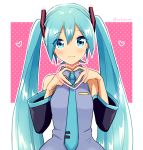 1girl :3 bare_shoulders blue_eyes blue_hair blue_nails blue_neckwear blush breasts closed_mouth collared_shirt detached_sleeves dot_nose eyebrows_visible_through_hair eyelashes eyes_visible_through_hair fingernails grey_shirt hair_between_eyes hatsune_miku heart heart_background heart_hands long_hair necktie nokuhashi own_hands_together pink_background polka_dot polka_dot_background shiny shiny_hair shirt sidelocks simple_background sleeveless sleeveless_shirt small_breasts solo straight_hair twintails twitter_username very_long_hair vocaloid white_background 