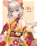  1girl 2020 animal_ears bare_shoulders blue_eyes breasts collarbone commentary_request detached_sleeves floral_print hand_up highres japanese_clothes kimono kinokorec large_breasts long_hair long_sleeves looking_at_viewer low_ponytail mouse_ears obi original sash sideboob silver_hair smile solo two-tone_background upper_body wide_sleeves yellow_kimono 