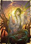  1other androgynous enkidu_(fate/strange_fake) fate/strange_fake fate_(series) green_eyes green_hair holding holding_hair in_tree light_green_hair long_hair robe sitting sitting_in_tree solo temple tree very_long_hair white_robe xiling 