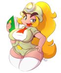  2015 anthro armor big_breasts blonde_hair bottomwear breasts clothing eyebrows female fingers fyxe_(artist) goomba goombella hair headgear helmet humanoid legwear mario_bros nintendo not_furry open_mouth paper_mario shorts simple_background solo thick_eyebrows video_games white_background wide_hips 