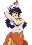  2019 alpha_channel anthro beauty_mark black_nose blue_hair bottomless breasts canid canine carmelita_fox cleavage cleavage_cutout clothed clothing female fox fur hair mammal orange_body orange_fur pussy simple_background sly_cooper_(series) solo sony_corporation sony_interactive_entertainment sucker_punch_productions sweater topwear transparent_background video_games yawg 