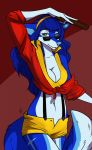  2019 anthro blue_eyes blue_hair canid canine canis clothed clothing domestic_dog eyewear female firetally glasses green_eyes hair mammal midriff navel smile solo standing 
