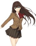  1girl aozaki_aoko blazer blue_eyes brown_hair brown_jacket brown_skirt highres jacket long_hair looking_at_viewer mahou_tsukai_no_yoru neck_ribbon red_ribbon ribbon school_uniform skirt smile solo takai_isshiki white_background 