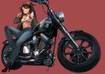  1girl alternate_costume armlet bangs black_hair boots brown_footwear denim earrings fate/grand_order fate_(series) full_body green_jacket ground_vehicle high_heel_boots high_heels highres hoop_earrings ishtar_(fate)_(all) ishtar_(fate/grand_order) jacket jeans jewelry long_hair motor_vehicle motorcycle neck_ring oneko open_clothes open_jacket pants parted_bangs red_background red_eyes simple_background solo strapless tiara two_side_up white_bikini_top 