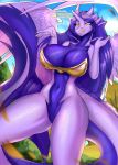 amethystdust anthro big_breasts breasts cleavage clothed clothing dialogue dragon feathered_wings feathers female licking licking_lips tongue tongue_out wings 