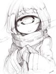  1girl bangs blunt_bangs breath condensation_trail cyclops greyscale highres looking_at_viewer monochrome one-eyed original own_hands_together portrait scarf shima_(sh1mamu) signature simple_background sketch smile solo thick_eyebrows twitter_username upper_body white_background 