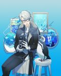  1boy bird black-framed_eyewear black_pants blue_background blue_eyes blue_flower camera coat flower glasses gloves indoors male_focus original pants penguin picture_(object) rezia sitting solo stool white_gloves white_hair 