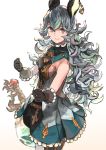  1girl animal_ears atory_totory bare_shoulders blue_dress blue_hair breasts brown_eyes brown_gloves dress earrings ferry_(granblue_fantasy) frilled_dress frilled_gloves frills gem gloves granblue_fantasy highres jewelry long_hair sideboob smile solo sword weapon 