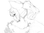  1girl animal_ears bare_shoulders fox_ears from_behind greyscale hand_on_own_shoulder highres looking_at_viewer looking_back monochrome original ponytail portrait shima_(sh1mamu) simple_background sketch solo thick_eyebrows white_background 