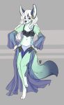  2019 anthro canid canine clothed clothing eyebrows eyelashes female firetally fox fur green_body green_fur grey_background hair mammal midriff navel purple_hair simple_background smile solo white_hair 