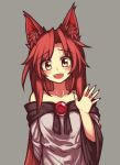  1girl animal_ears bare_shoulders blush brooch dress fangs imaizumi_kagerou jewelry lirilias long_hair long_sleeves off-shoulder_dress off_shoulder red_eyes red_hair simple_background smile strapless strapless_dress touhou waving wolf_ears 