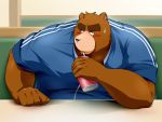  anthro belly beverage blush bodily_fluids brown_bear brown_body brown_fur clothed clothing daitai_tekisuto drinking fur holding_beverage holding_object inside male mammal overweight overweight_male sitting solo straw sweat sweatdrop tracksuit ursid ursine 