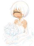  1girl :d bare_shoulders blush bouquet bridal_gauntlets closed_eyes cyclops dark_skin dress flower highres one-eyed open_mouth original rose shima_(sh1mamu) signature simple_background sketch smile solo thick_eyebrows twitter_username upper_body wedding_dress white_background white_hair 