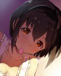  1girl absurdres bangs bare_shoulders black_hair blush breasts brown_eyes cleavage closed_mouth collarbone commentary_request condom condom_in_mouth dutch_angle eyebrows_visible_through_hair hair_between_eyes hair_intakes highres idolmaster idolmaster_cinderella_girls kohinata_miho looking_at_viewer mouth_hold nose_blush seneto short_hair sleeveless small_breasts solo upper_body 