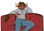  2019 alpha_channel anthro bottomwear bovid bovine brown_hair cattle clothed clothing eyewear fur furniture glasses hair hoodie jeans male mammal pants red_body red_fur simple_background sofa solo tail_tuft topwear transparent_background tuft yawg 