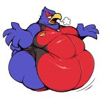  anthro avian beak belly belly_jiggle belly_overhang big_belly big_butt bird blue_body blue_feathers boot_(artist) breath butt clothed clothing falco_lombardi feathers huff jumpsuit male moobs nintendo obese obese_male open_beak open_mouth overweight overweight_male simple_background solo star_fox thick_thighs tight_clothing video_games white_background wide_hips 