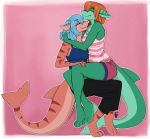  2019 4_toes 5_fingers anthro blue_hair breasts clothed clothing digital_media_(artwork) duo eyes_closed female fin fingers firetally fish hair marine non-mammal_breasts shark smile toes 