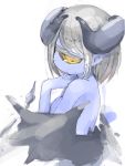  1girl blue_skin blush cyclops demon_horns demon_wings finger_to_mouth from_side grey_hair highres horns looking_at_viewer nude one-eyed original shima_(sh1mamu) sidelocks simple_background sketch smile solo thick_eyebrows upper_body white_background wings yellow_eyes 